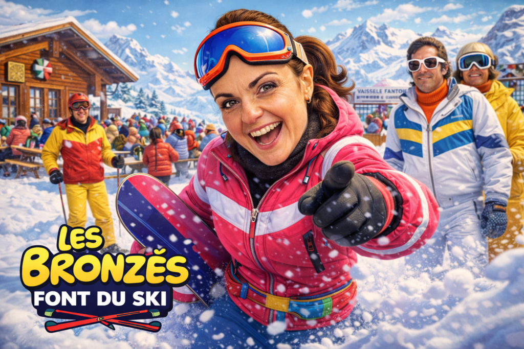 Photo générée avec un photobooth IA. Univers "Les bronzés font du ski".