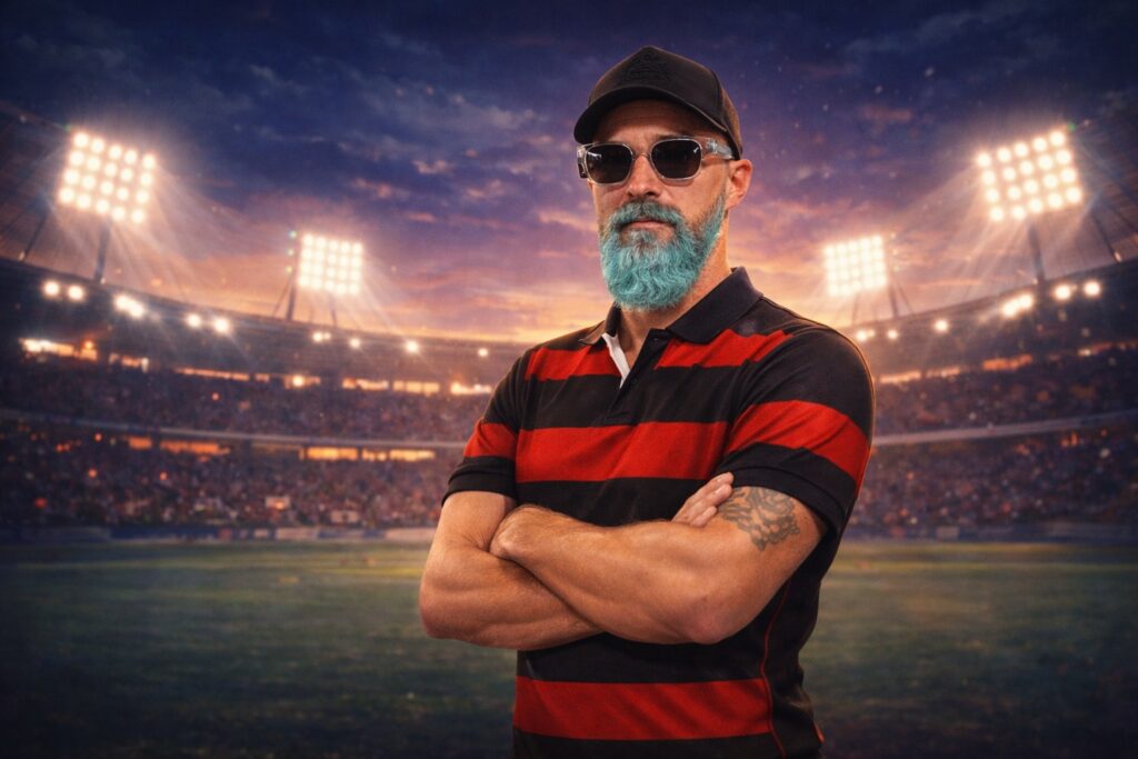 Photo générée avec un photobooth IA. Univers Rugbyman toulousain.